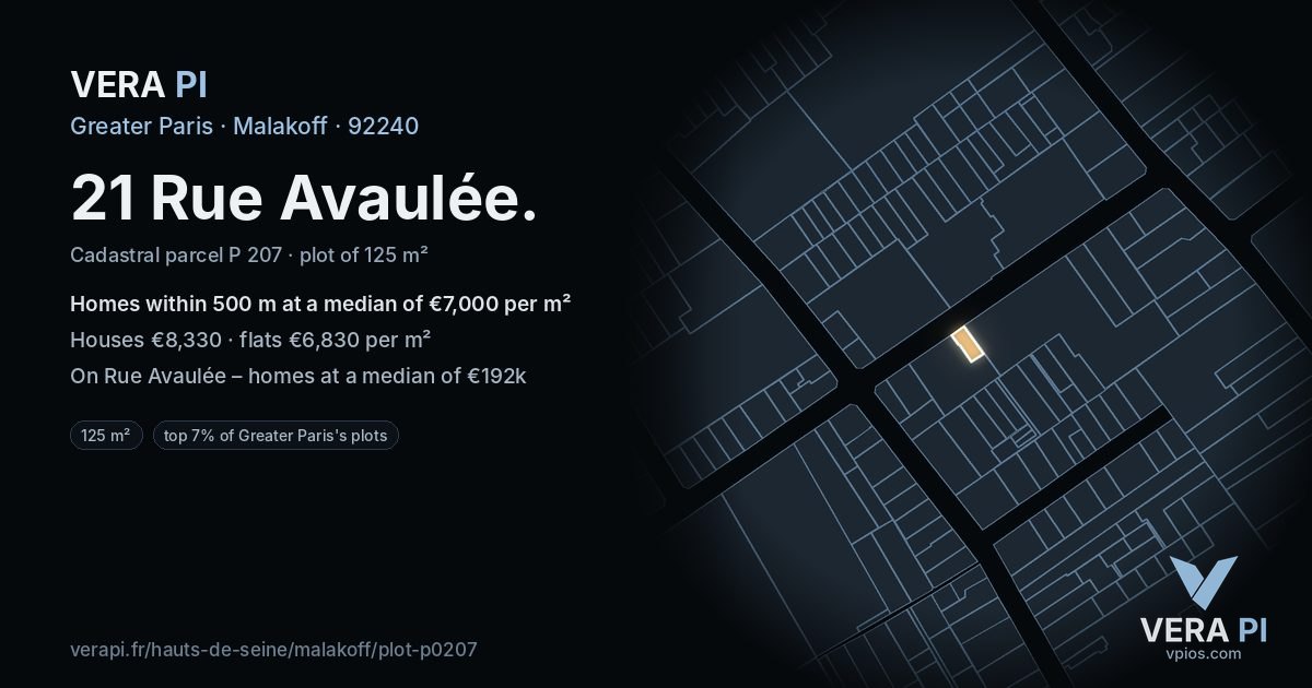 21 Rue Avaulée, Malakoff at night – the plot lit, the parcels around coloured by the prices near them