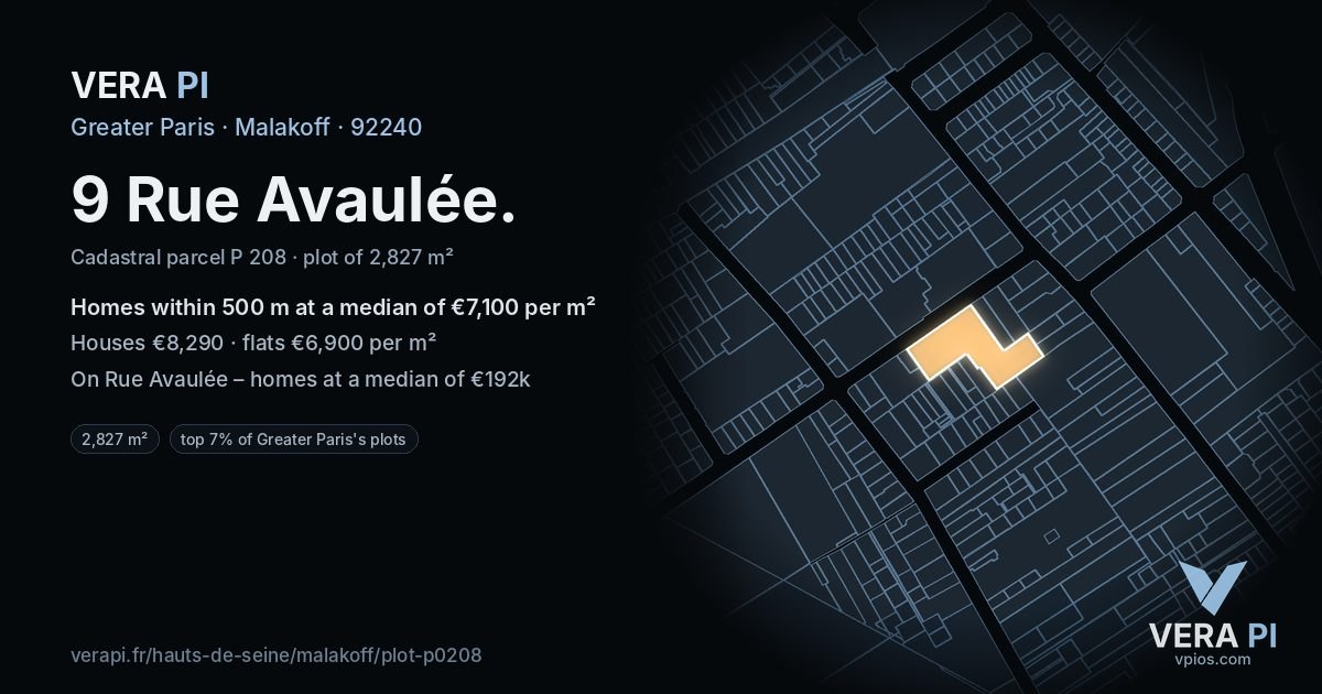 9 Rue Avaulée, Malakoff at night – the plot lit, the parcels around coloured by the prices near them