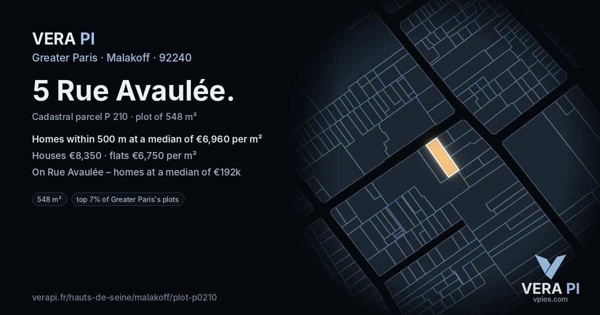 5 Rue Avaulée, Malakoff at night – the plot lit, the parcels around coloured by the prices near them
