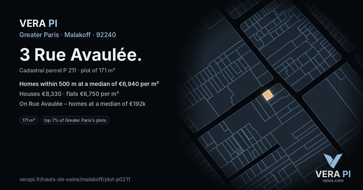 3 Rue Avaulée, Malakoff at night – the plot lit, the parcels around coloured by the prices near them