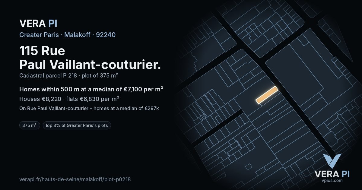 115 Rue Paul Vaillant-couturier, Malakoff at night – the plot lit, the parcels around coloured by the prices near them