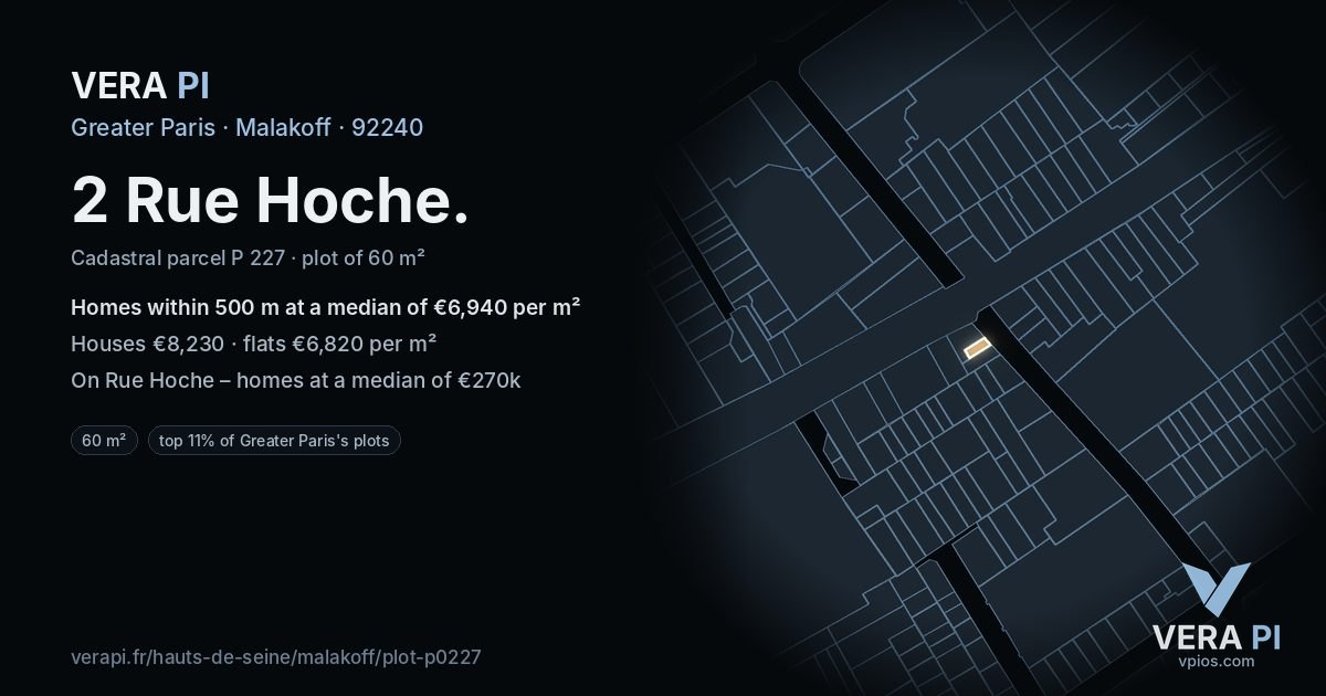 2 Rue Hoche, Malakoff at night – the plot lit, the parcels around coloured by the prices near them