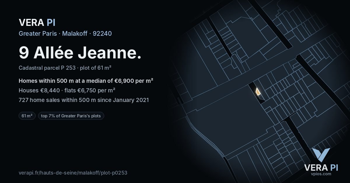 9 Allée Jeanne, Malakoff at night – the plot lit, the parcels around coloured by the prices near them