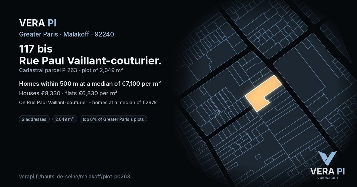 117 bis Rue Paul Vaillant-couturier, Malakoff at night – the plot lit, the parcels around coloured by the prices near them