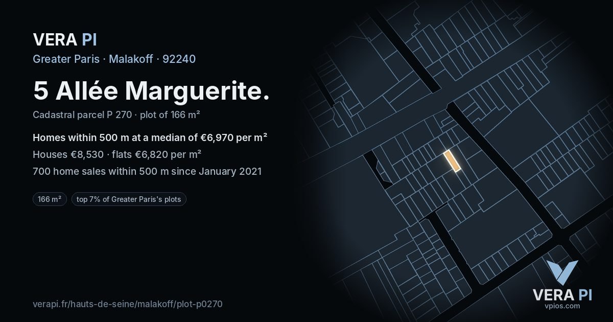 5 Allée Marguerite, Malakoff at night – the plot lit, the parcels around coloured by the prices near them