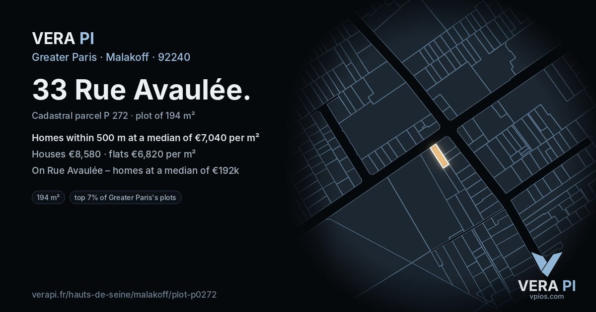 33 Rue Avaulée, Malakoff at night – the plot lit, the parcels around coloured by the prices near them