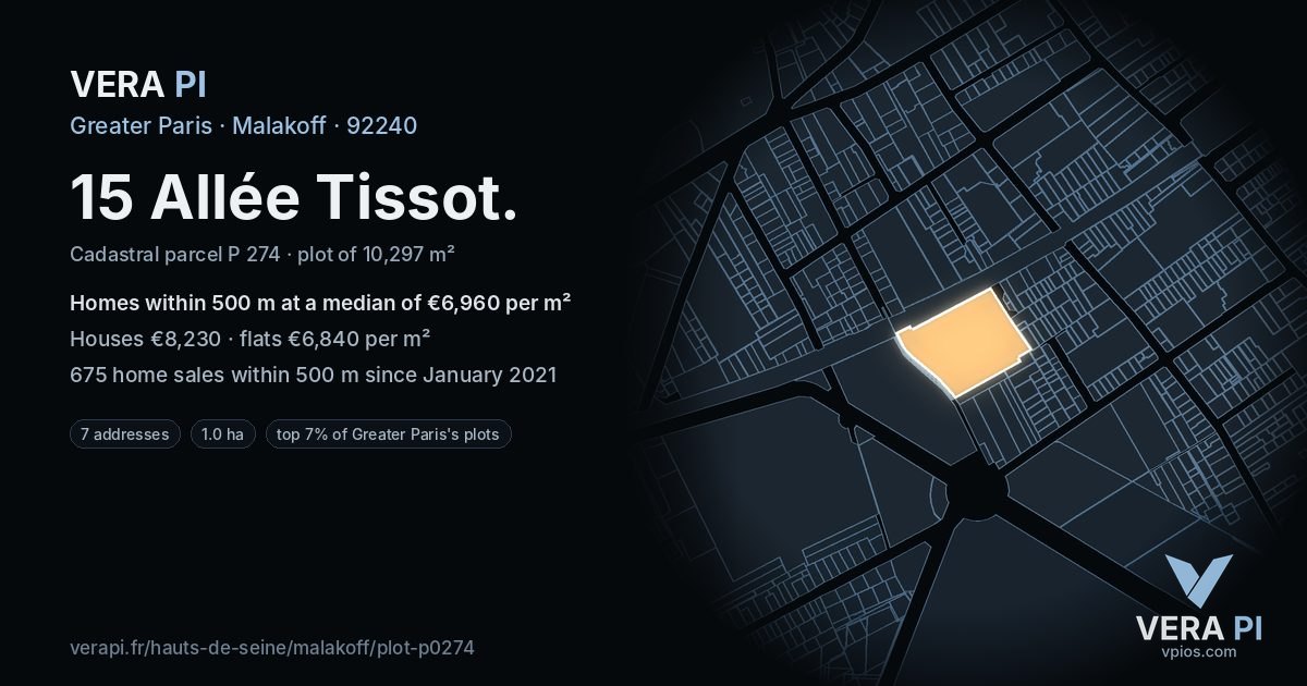 15 Allée Tissot, Malakoff at night – the plot lit, the parcels around coloured by the prices near them