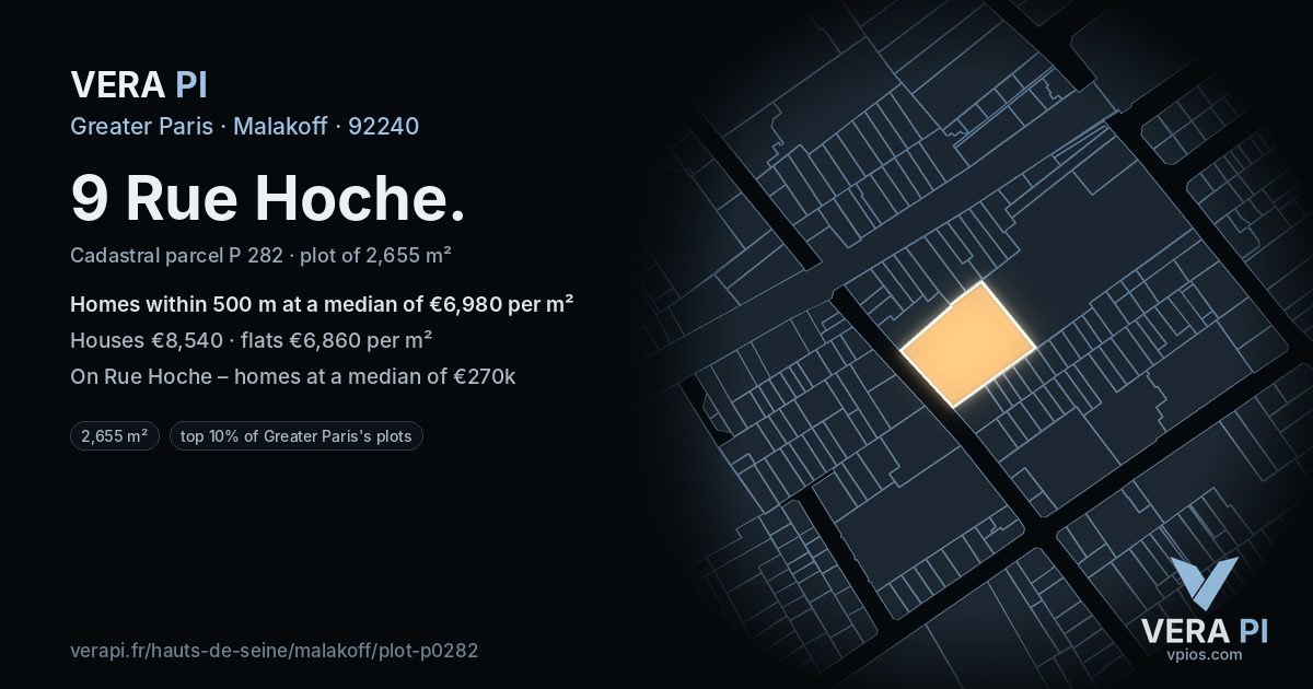 9 Rue Hoche, Malakoff at night – the plot lit, the parcels around coloured by the prices near them