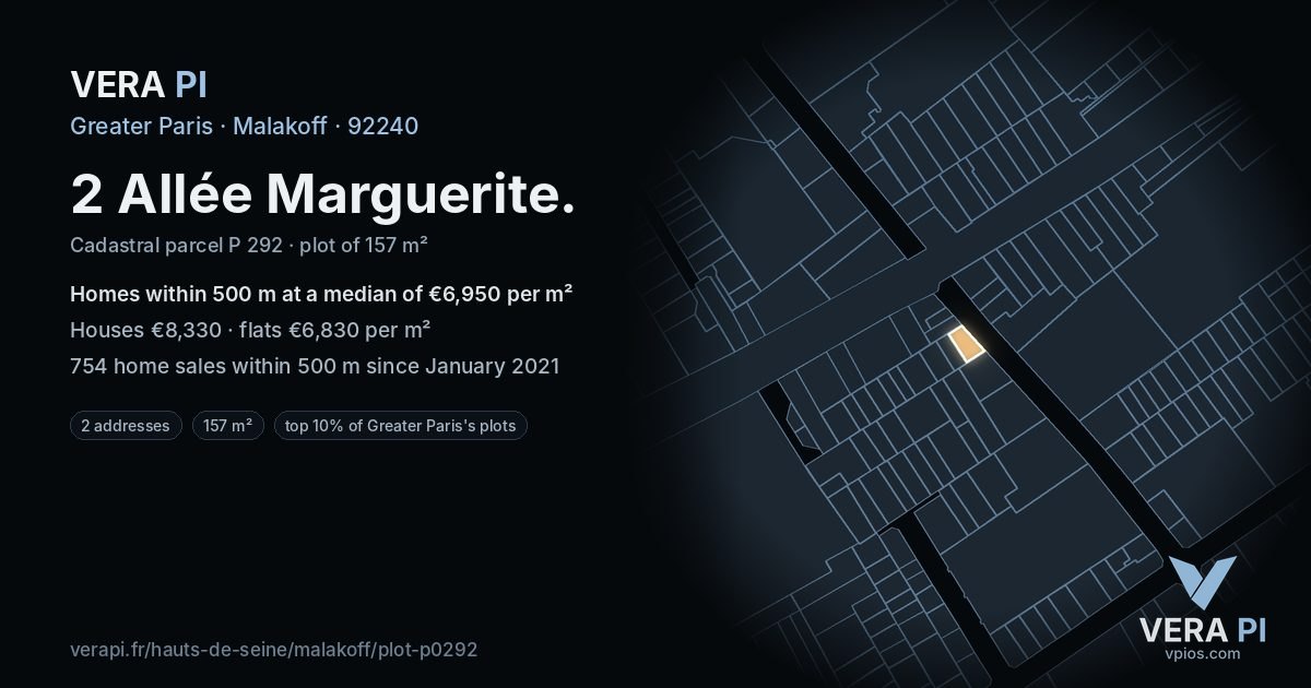 2 Allée Marguerite, Malakoff at night – the plot lit, the parcels around coloured by the prices near them