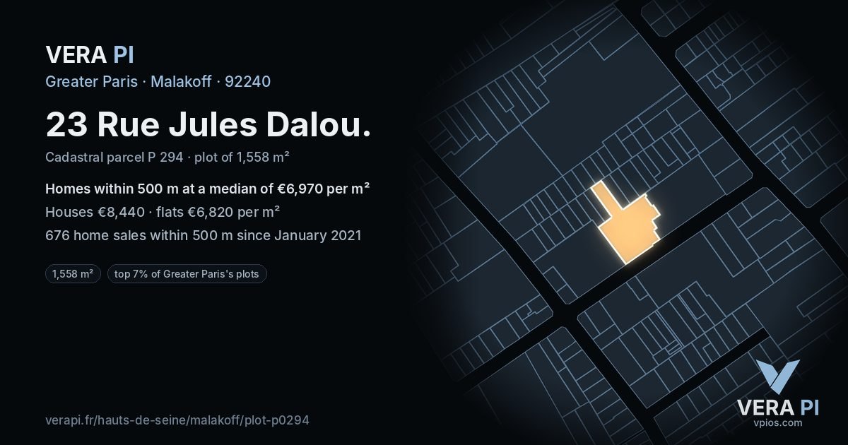 23 Rue Jules Dalou, Malakoff at night – the plot lit, the parcels around coloured by the prices near them