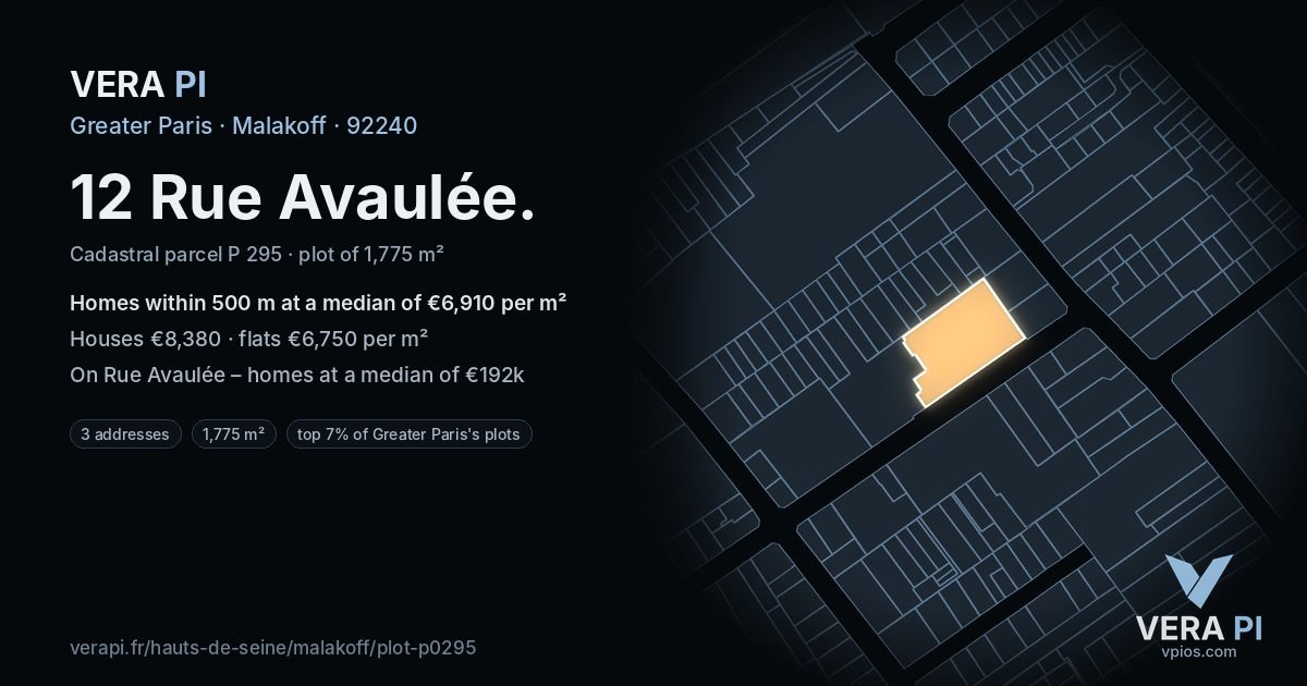 12 Rue Avaulée, Malakoff at night – the plot lit, the parcels around coloured by the prices near them