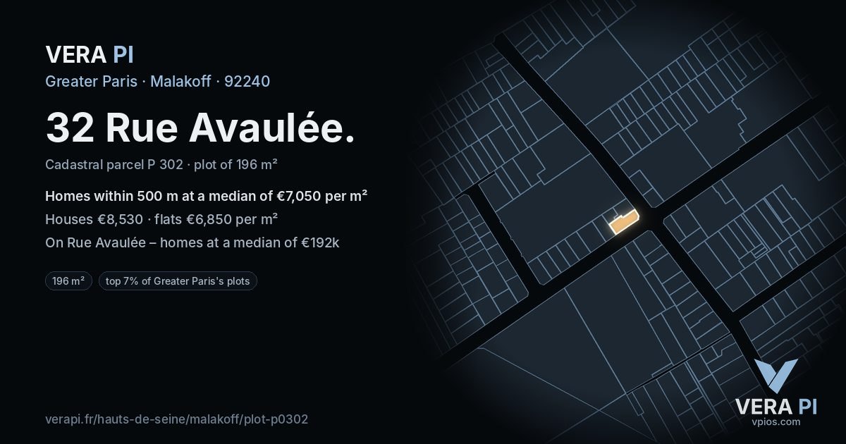 32 Rue Avaulée, Malakoff at night – the plot lit, the parcels around coloured by the prices near them