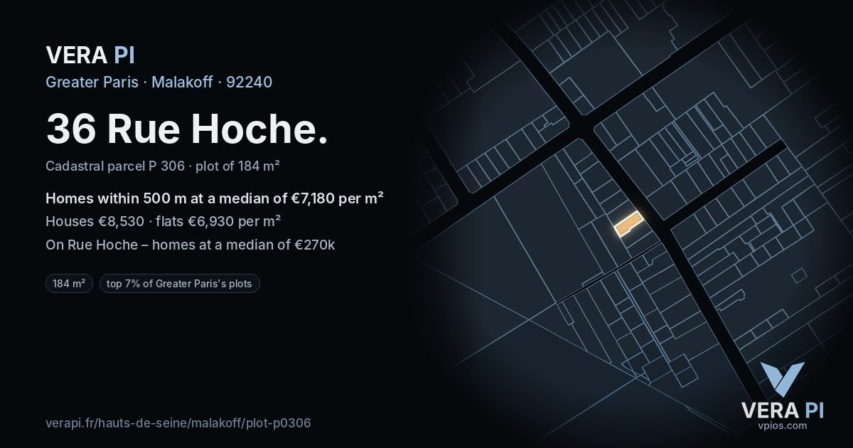 36 Rue Hoche, Malakoff at night – the plot lit, the parcels around coloured by the prices near them