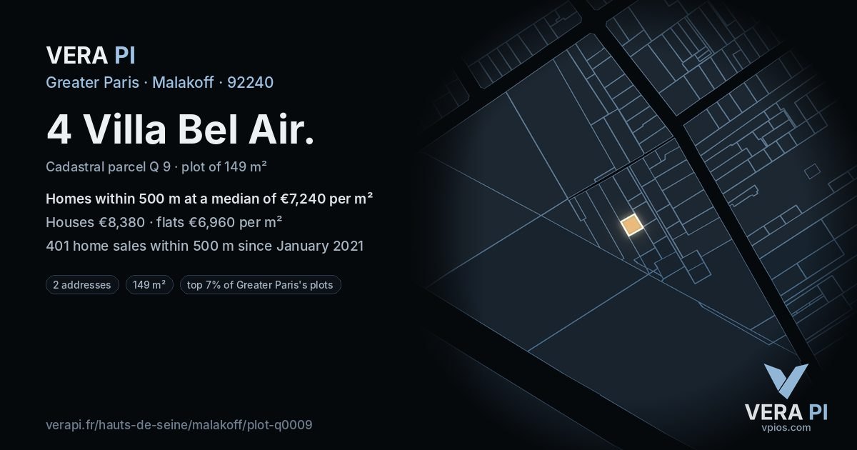 4 Villa Bel Air, Malakoff at night – the plot lit, the parcels around coloured by the prices near them
