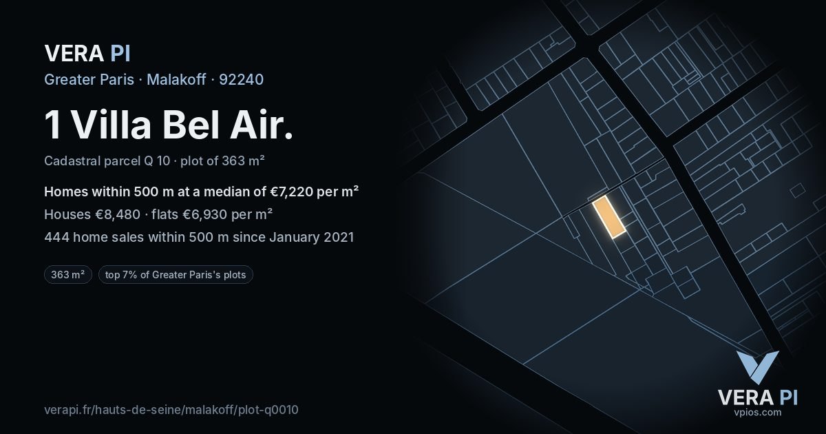 1 Villa Bel Air, Malakoff at night – the plot lit, the parcels around coloured by the prices near them