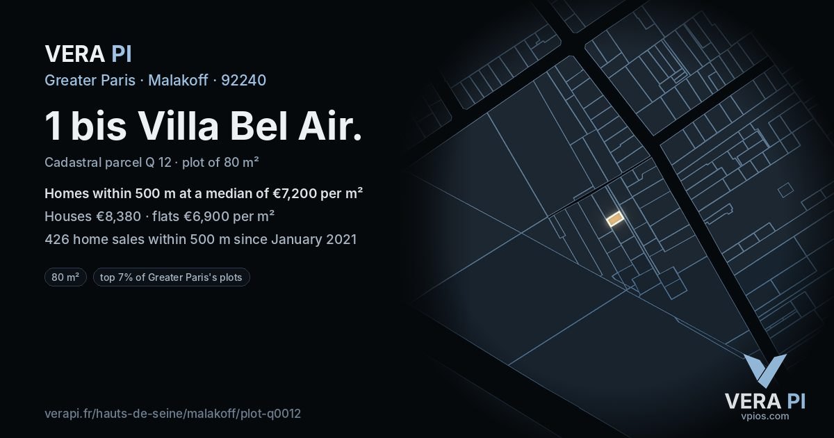 1 bis Villa Bel Air, Malakoff at night – the plot lit, the parcels around coloured by the prices near them