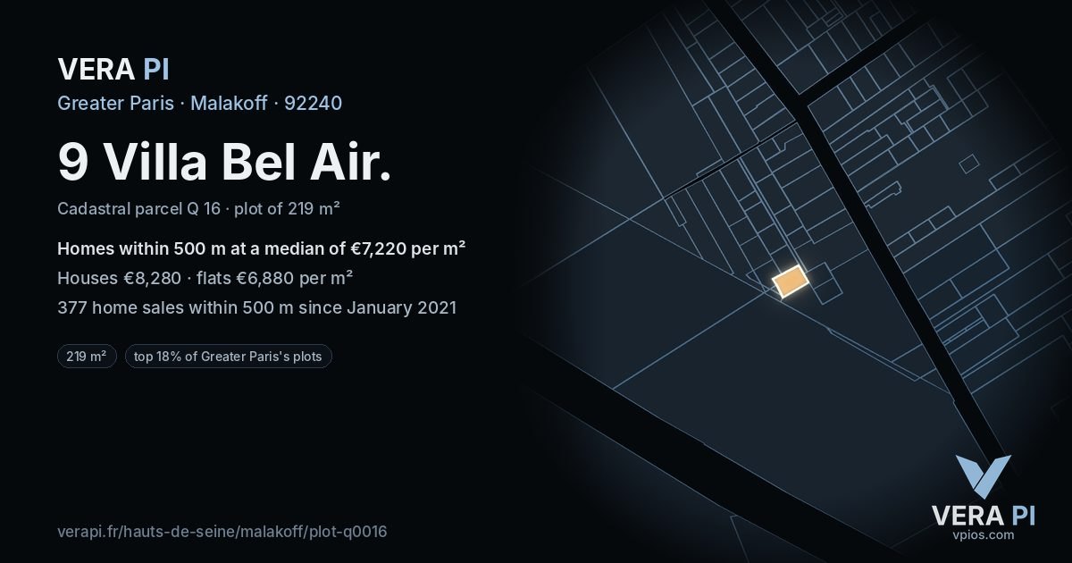 9 Villa Bel Air, Malakoff at night – the plot lit, the parcels around coloured by the prices near them