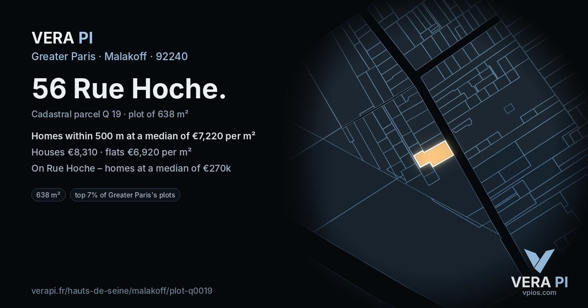 56 Rue Hoche, Malakoff at night – the plot lit, the parcels around coloured by the prices near them