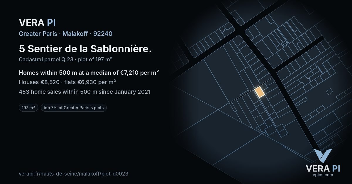 5 Sentier de la Sablonnière, Malakoff at night – the plot lit, the parcels around coloured by the prices near them