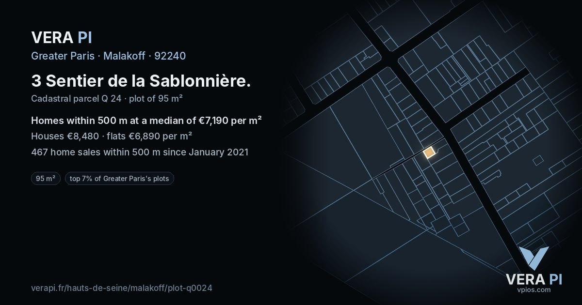 3 Sentier de la Sablonnière, Malakoff at night – the plot lit, the parcels around coloured by the prices near them