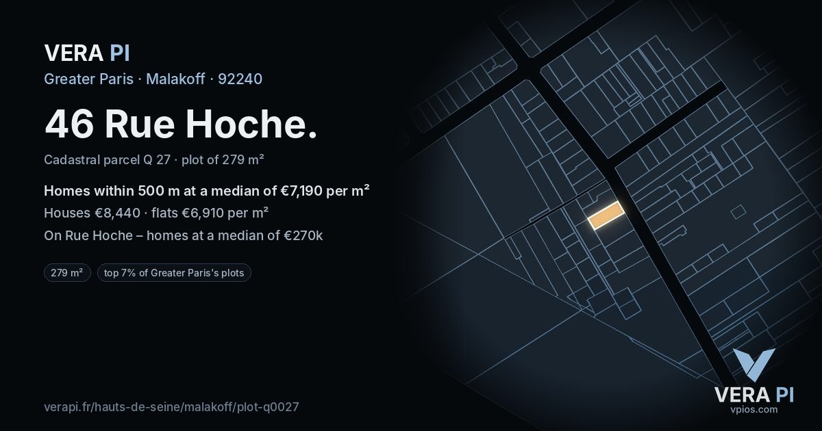 46 Rue Hoche, Malakoff at night – the plot lit, the parcels around coloured by the prices near them