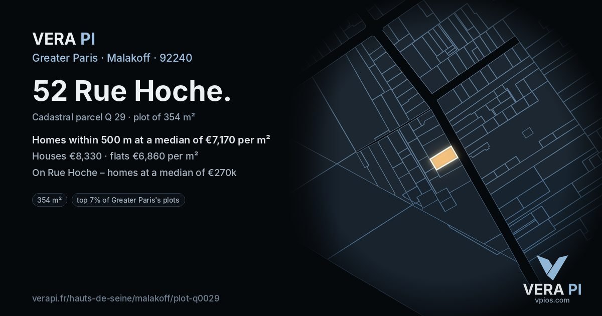 52 Rue Hoche, Malakoff at night – the plot lit, the parcels around coloured by the prices near them
