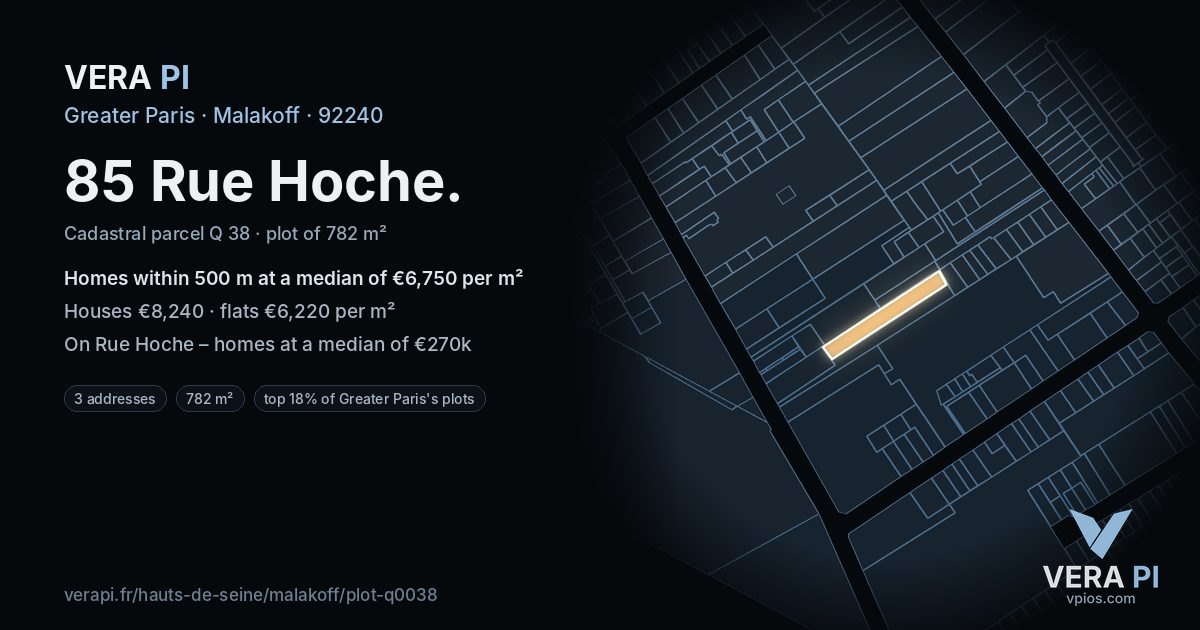 85 Rue Hoche, Malakoff at night – the plot lit, the parcels around coloured by the prices near them