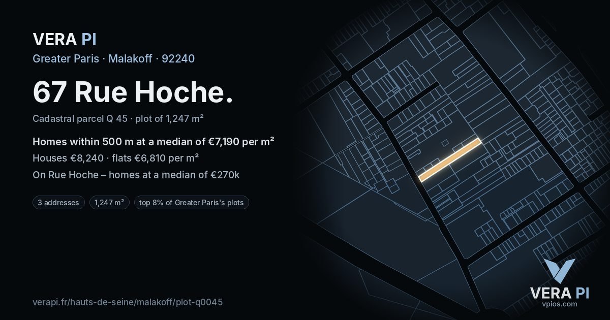 67 Rue Hoche, Malakoff at night – the plot lit, the parcels around coloured by the prices near them