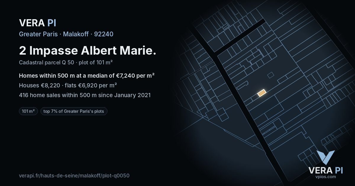 2 Impasse Albert Marie, Malakoff at night – the plot lit, the parcels around coloured by the prices near them