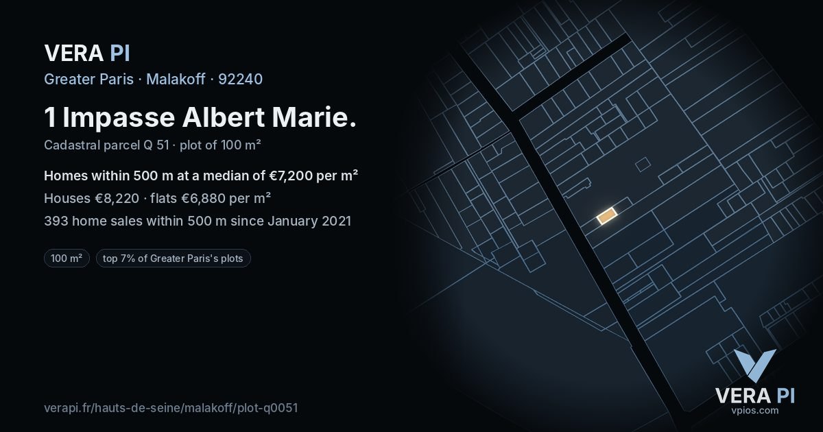 1 Impasse Albert Marie, Malakoff at night – the plot lit, the parcels around coloured by the prices near them