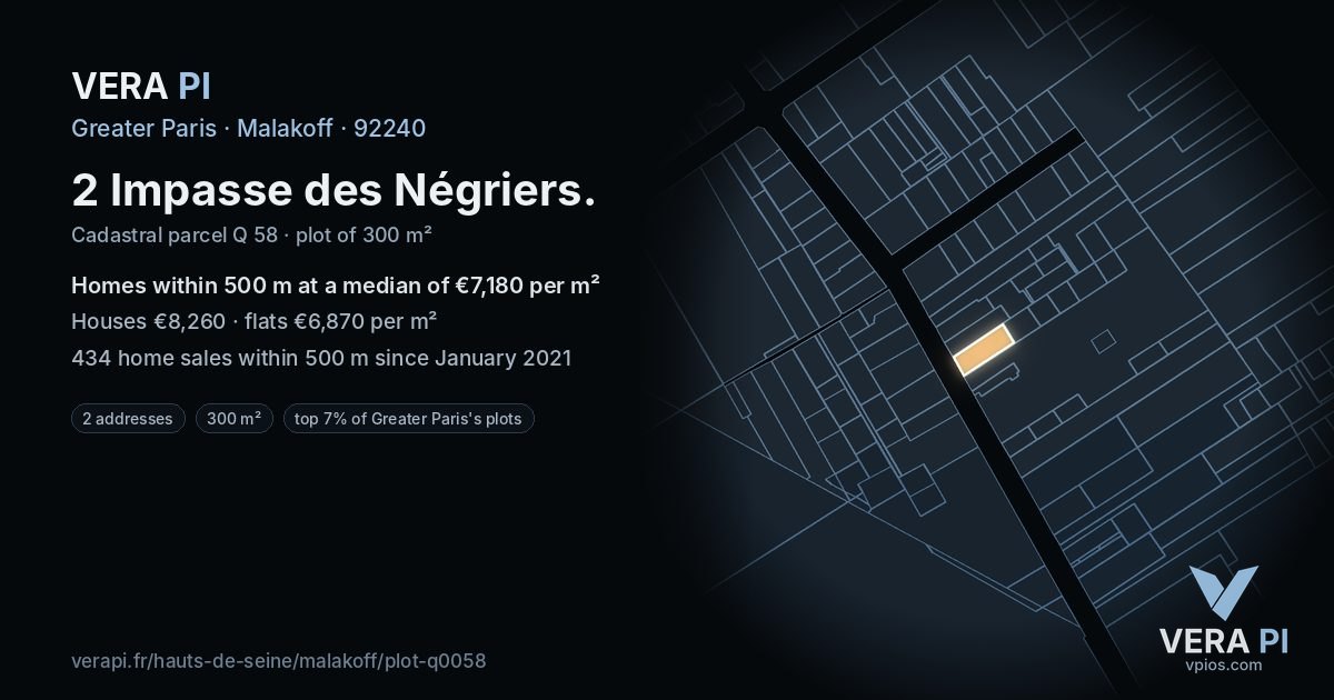 2 Impasse des Négriers, Malakoff at night – the plot lit, the parcels around coloured by the prices near them