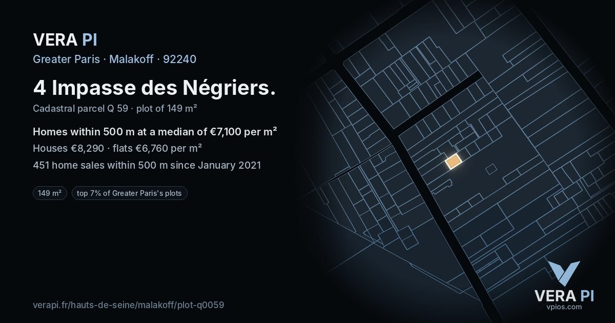 4 Impasse des Négriers, Malakoff at night – the plot lit, the parcels around coloured by the prices near them