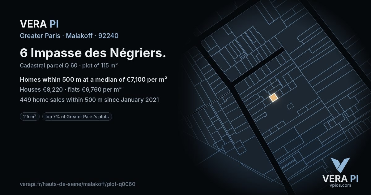 6 Impasse des Négriers, Malakoff at night – the plot lit, the parcels around coloured by the prices near them