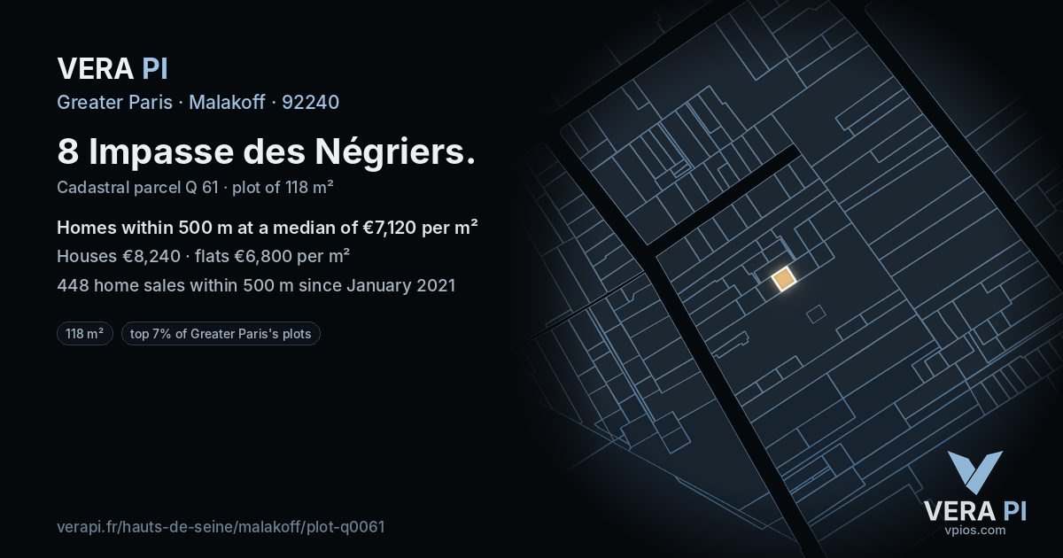 8 Impasse des Négriers, Malakoff at night – the plot lit, the parcels around coloured by the prices near them