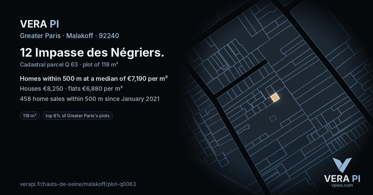 12 Impasse des Négriers, Malakoff at night – the plot lit, the parcels around coloured by the prices near them
