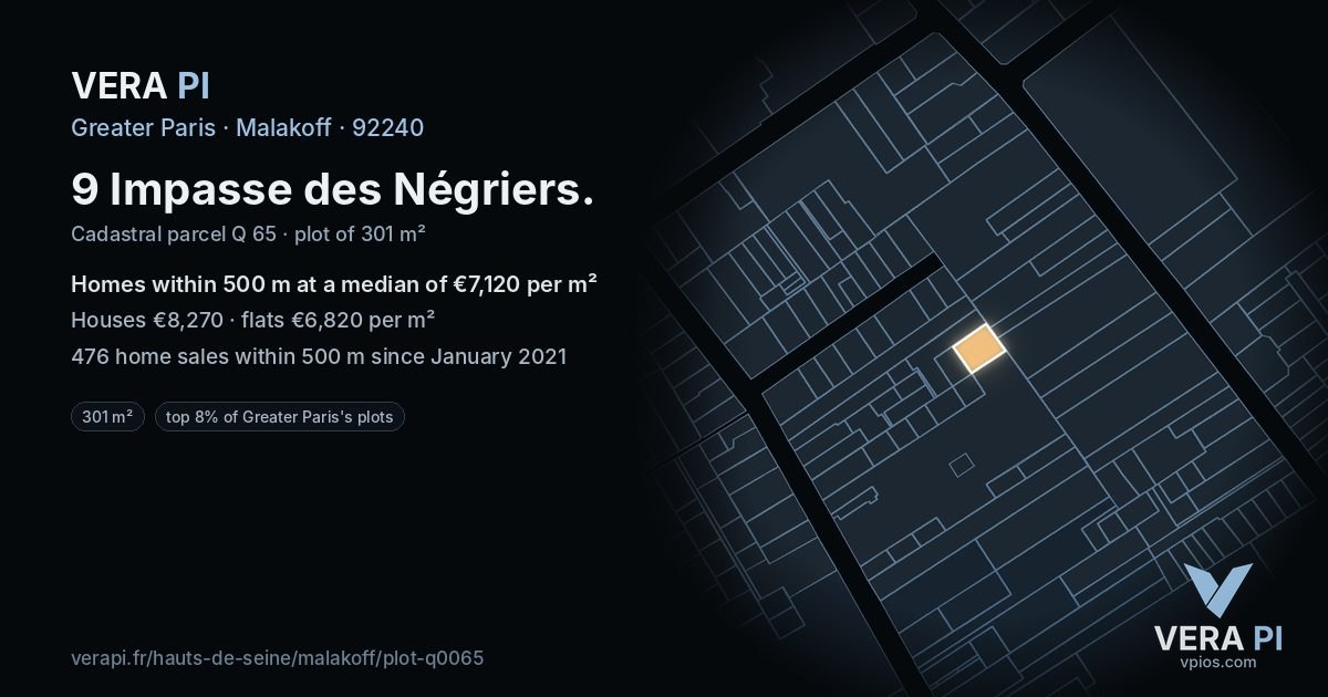 9 Impasse des Négriers, Malakoff at night – the plot lit, the parcels around coloured by the prices near them