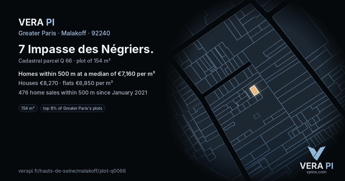 7 Impasse des Négriers, Malakoff at night – the plot lit, the parcels around coloured by the prices near them