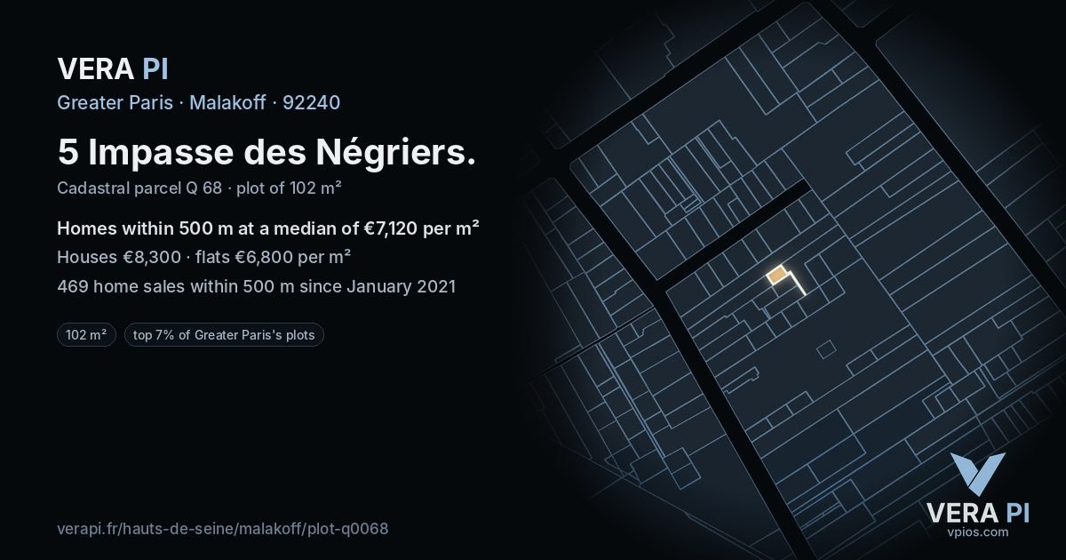 5 Impasse des Négriers, Malakoff at night – the plot lit, the parcels around coloured by the prices near them