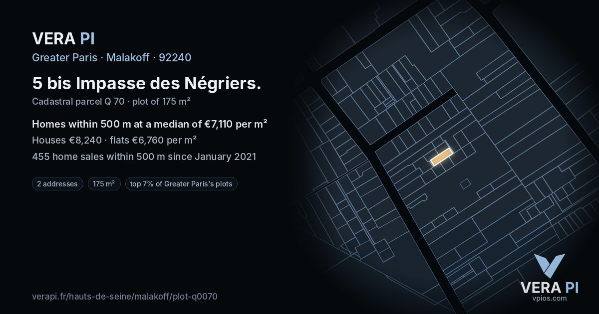 5 bis Impasse des Négriers, Malakoff at night – the plot lit, the parcels around coloured by the prices near them