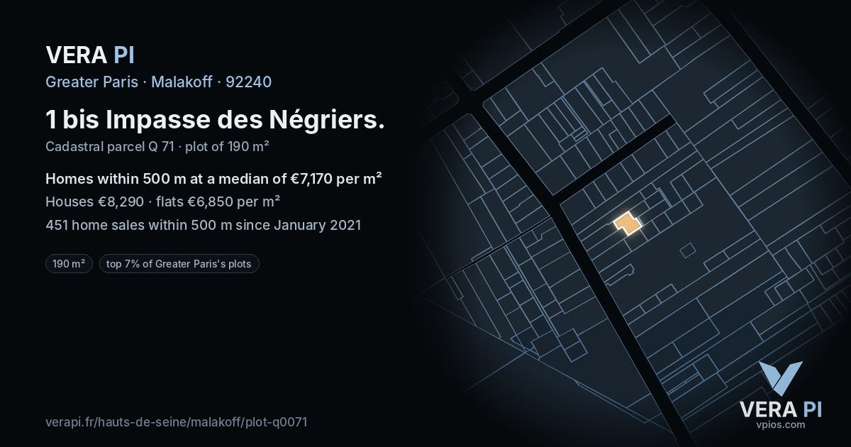 1 bis Impasse des Négriers, Malakoff at night – the plot lit, the parcels around coloured by the prices near them