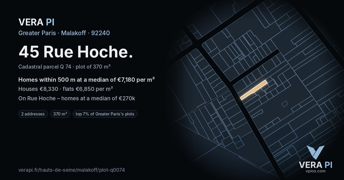 45 Rue Hoche, Malakoff at night – the plot lit, the parcels around coloured by the prices near them