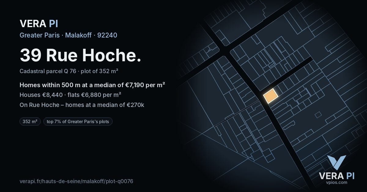 39 Rue Hoche, Malakoff at night – the plot lit, the parcels around coloured by the prices near them