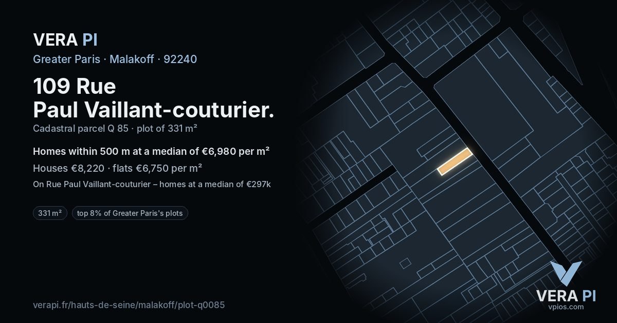 109 Rue Paul Vaillant-couturier, Malakoff at night – the plot lit, the parcels around coloured by the prices near them
