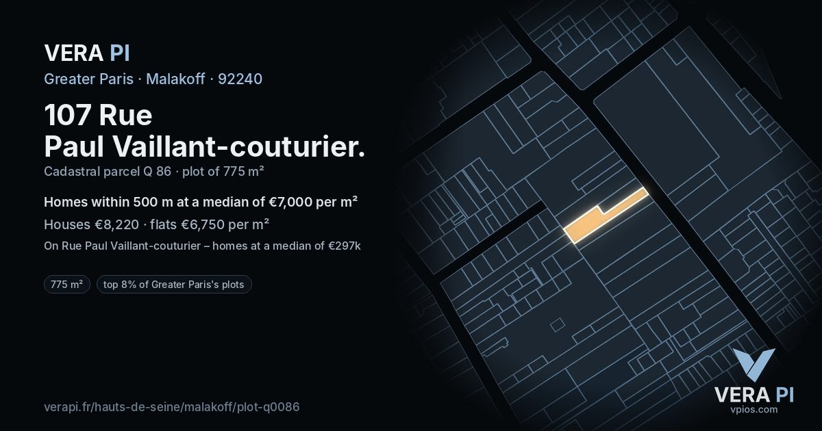 107 Rue Paul Vaillant-couturier, Malakoff at night – the plot lit, the parcels around coloured by the prices near them