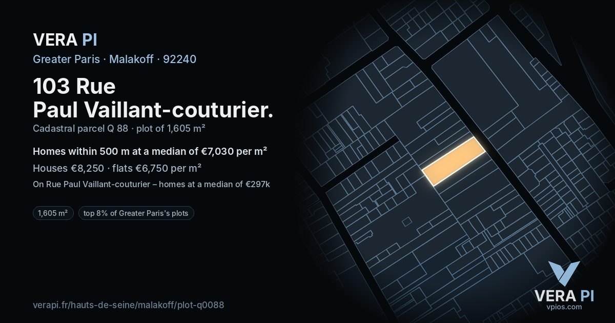 103 Rue Paul Vaillant-couturier, Malakoff at night – the plot lit, the parcels around coloured by the prices near them