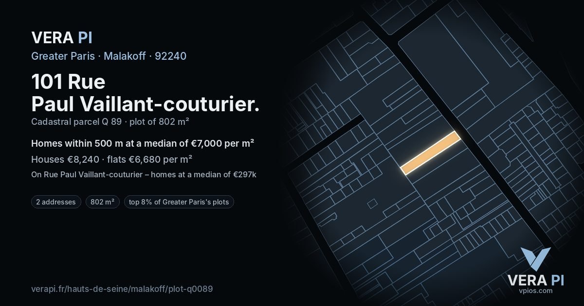 101 Rue Paul Vaillant-couturier, Malakoff at night – the plot lit, the parcels around coloured by the prices near them