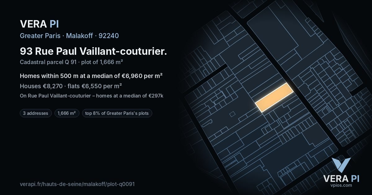 93 Rue Paul Vaillant-couturier, Malakoff at night – the plot lit, the parcels around coloured by the prices near them