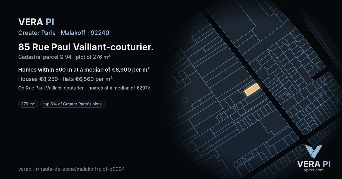 85 Rue Paul Vaillant-couturier, Malakoff at night – the plot lit, the parcels around coloured by the prices near them