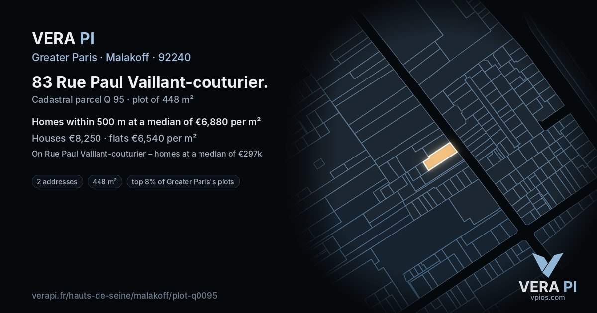 83 Rue Paul Vaillant-couturier, Malakoff at night – the plot lit, the parcels around coloured by the prices near them