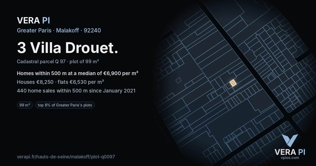 3 Villa Drouet, Malakoff at night – the plot lit, the parcels around coloured by the prices near them